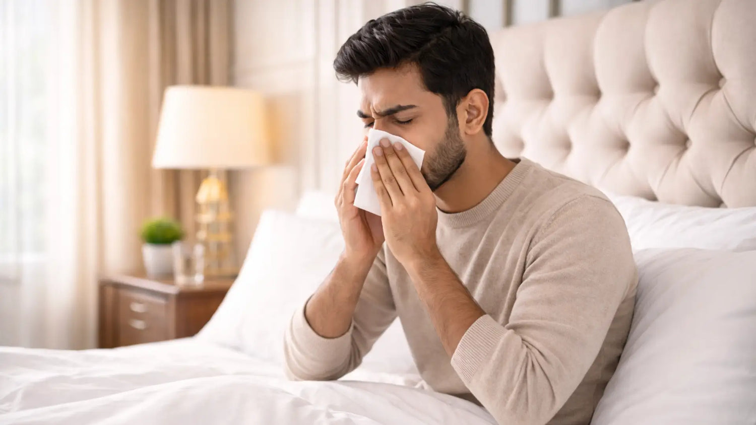 Man sneezing with allergies in bed