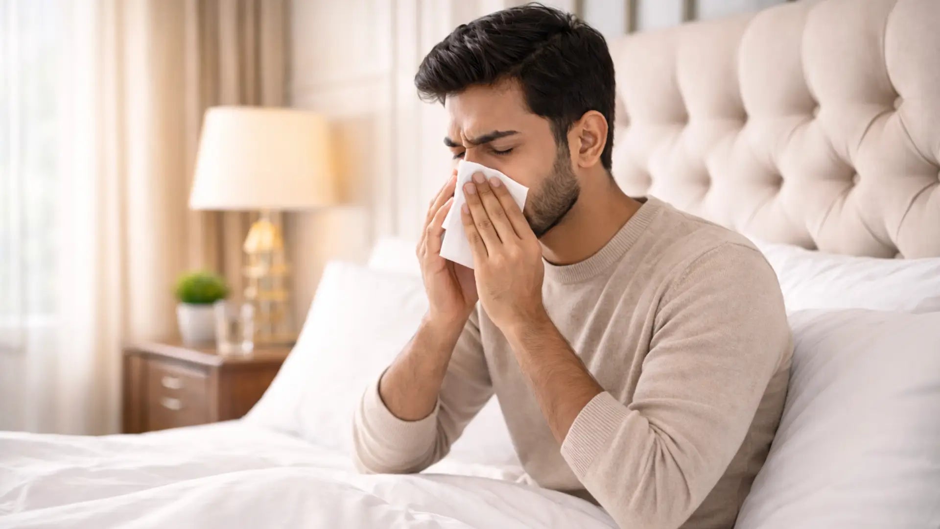 Man sneezing with allergies in bed